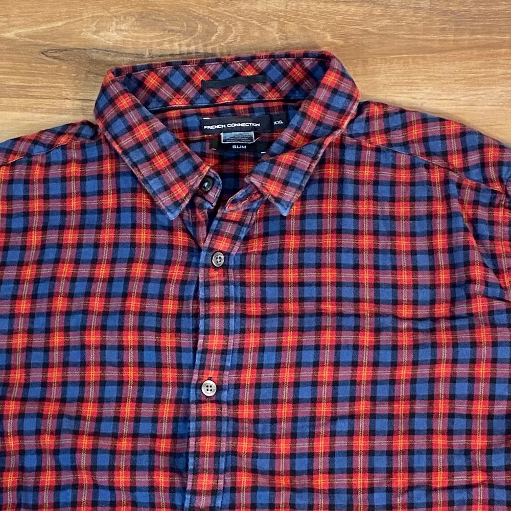 French Connection Shirt Mens XXL Red Blue Plaid Slim Fit Long Sleeve Button Down